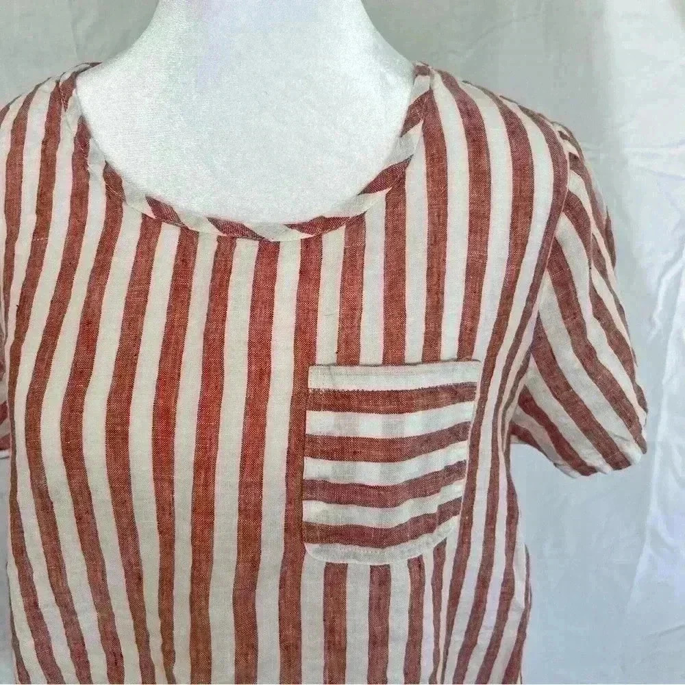 Christian Siriano striped linen short-sleeved crew neck blouse with pocket. - Picture 9 of 9
